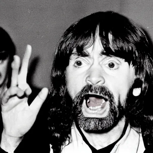 Prompt: Charles Manson playing keyboard with The Beatles, flash photography, 8k