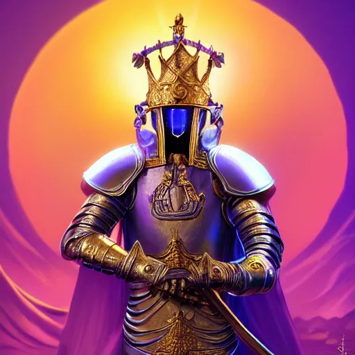 Image similar to a highly detailed knight with glowing purple eyes in a T golden helmet and a golden crown with a blue diamond in the center, golden armor, leather clothes under the armor, leather gloves, holds a black sword, artstation, DeviantArt, professional, octane render, sunset lighting