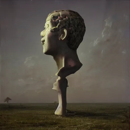 Prompt: whimsical chromatic hyperrealistic surrealism, clown, David Friedrich, award winning masterpiece with incredible details, Zhang Kechun, a surreal vaporwave vaporwave vaporwave vaporwave vaporwave painting by Thomas Cole of a gigantic broken mannequin head sculpture in ruins, astronaut lost in liminal space, highly detailed, trending on ArtStation