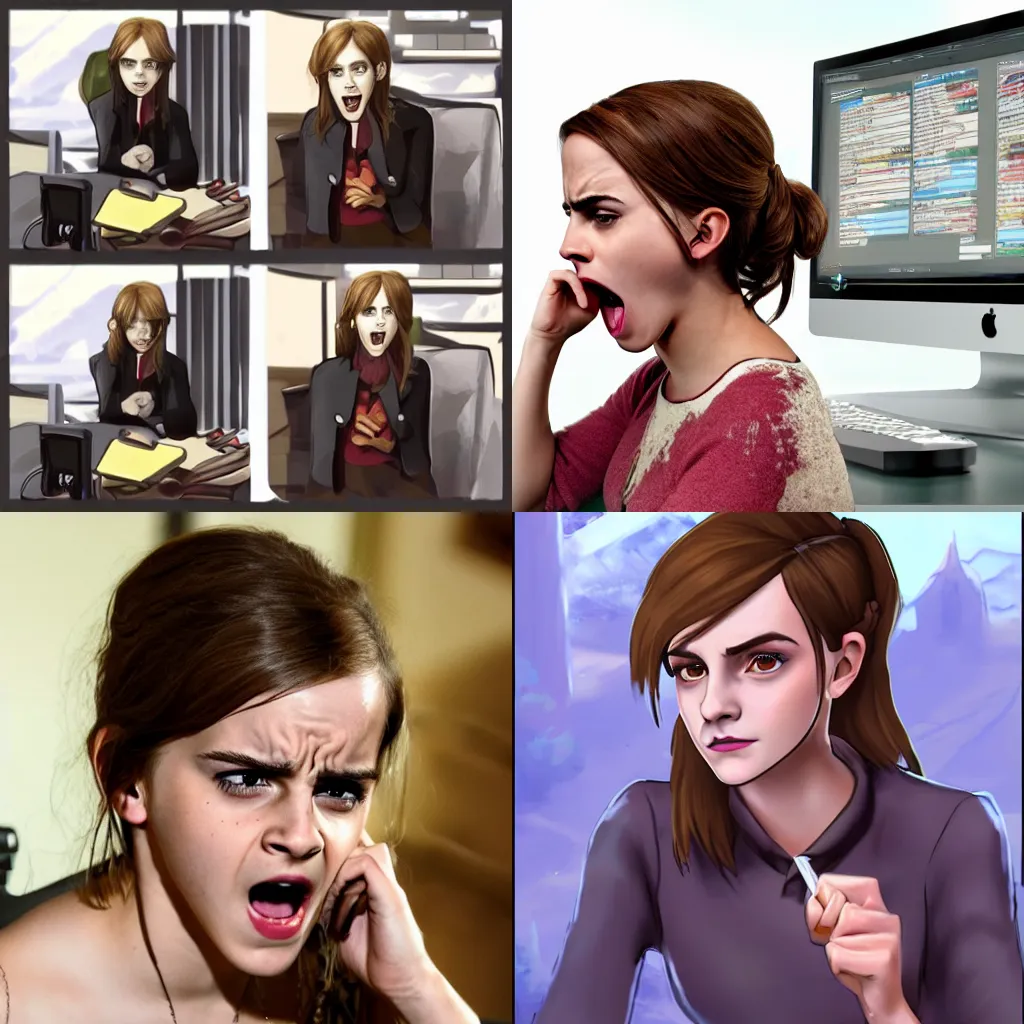 Prompt: Angry Emma Watson at her computer screaming at her guildmates over voice chat.