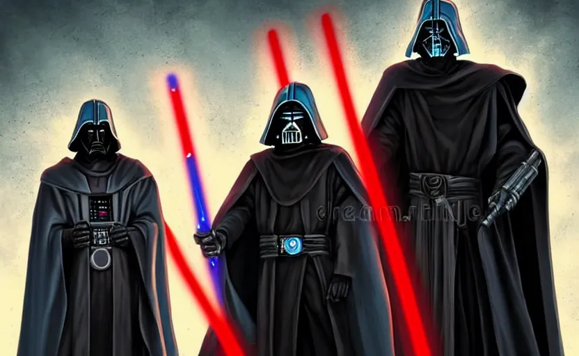 Prompt: epic portrait of a robed Jedi and Sith standing back to back, lightsabers in hand, ancient High Republic stone temple environment, high contrast, 8k clean fantasy comic book cover illustration