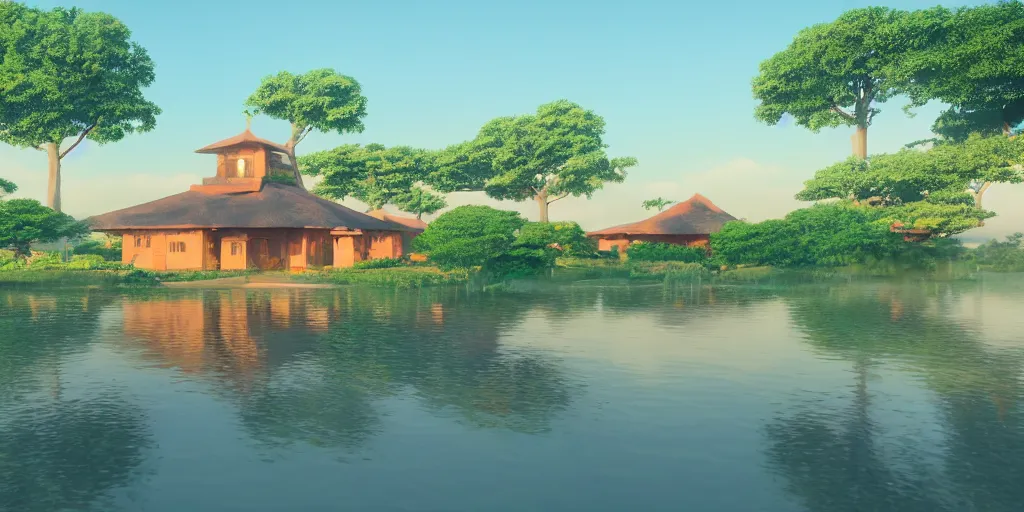 Image similar to a serene landscape with singular building near a lake with lotus at sunrise, pixar style, ghibli studio anime style, 8 k, hdr, octane render, unreal