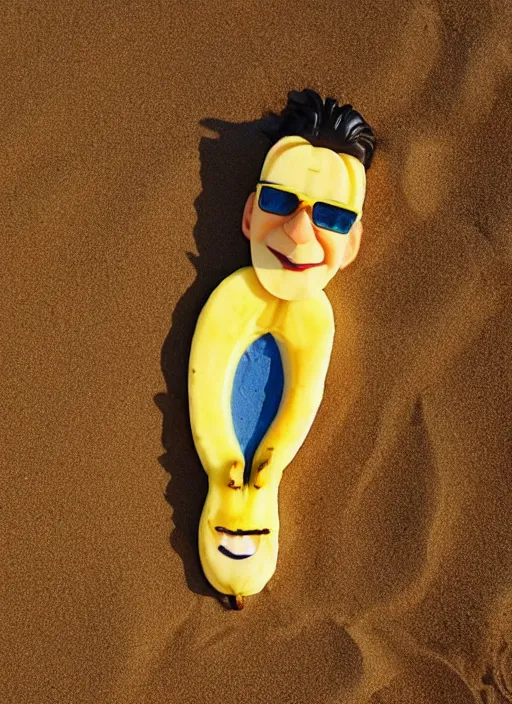 Image similar to jeff goldblum banana on the sand of a beach