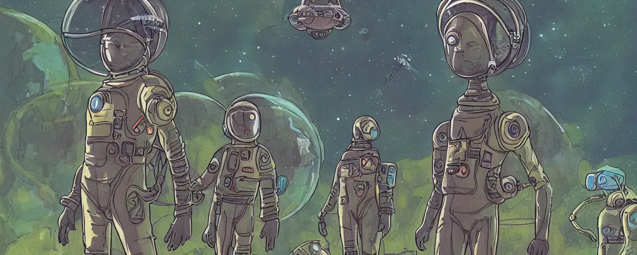 Prompt: a portrait of pilot aliens in spacesuit on field forrest spaceship station landing laying lake artillery outer worlds in FANTASTIC PLANET La planète sauvage animation by René Laloux