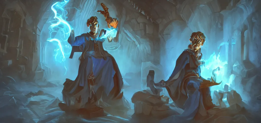 Prompt: 'stylized D&D wizard character, handsome young necromancer casting a spell to reanimate a corpse inside a dungeon chamber with eerie blue lighting'