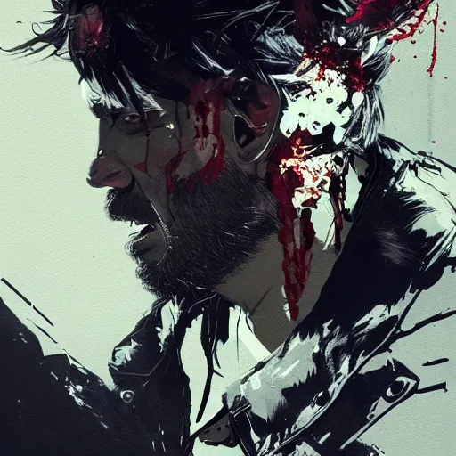 Prompt: portrait of pewdiepie with an angry expression, blood covering his face, wearing a leather jacket, dramatic lighting, illustration by Greg rutkowski, yoji shinkawa, 4k, digital art, concept art, trending on artstation