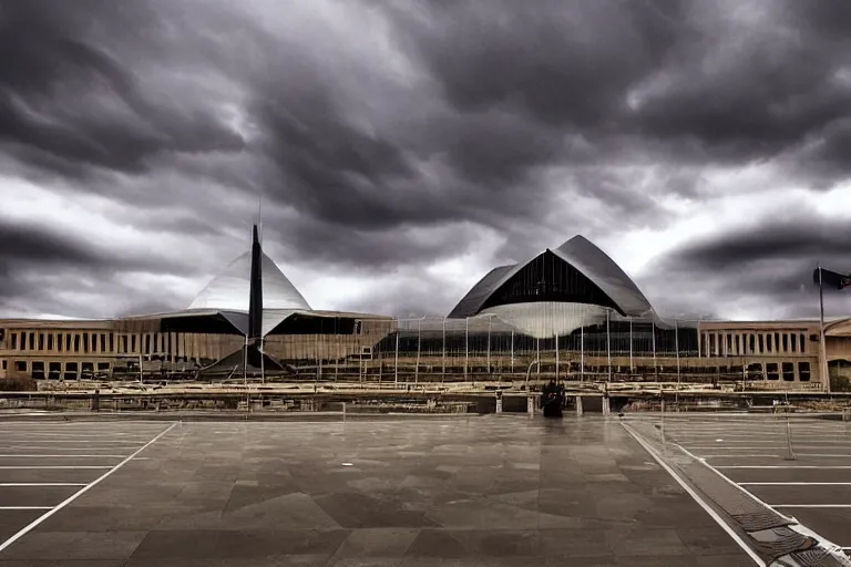 Image similar to award winning photo of the australian parliament house architecturally designed with strong sinister and occult masonic design, heavy red storm clouds