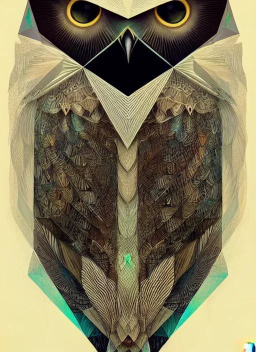 Image similar to portrait of a geometric owl, identical eyes, medium shot, illustration, full body made of white feathers, symmetrical, art stand, super detailed, cinematic lighting, and its detailed and intricate, gorgeous, by peter mohrbacher