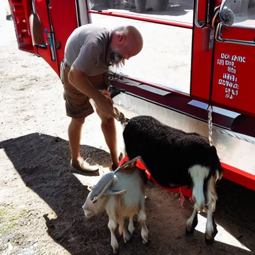 Prompt: a jew milking a goat in a fire truck