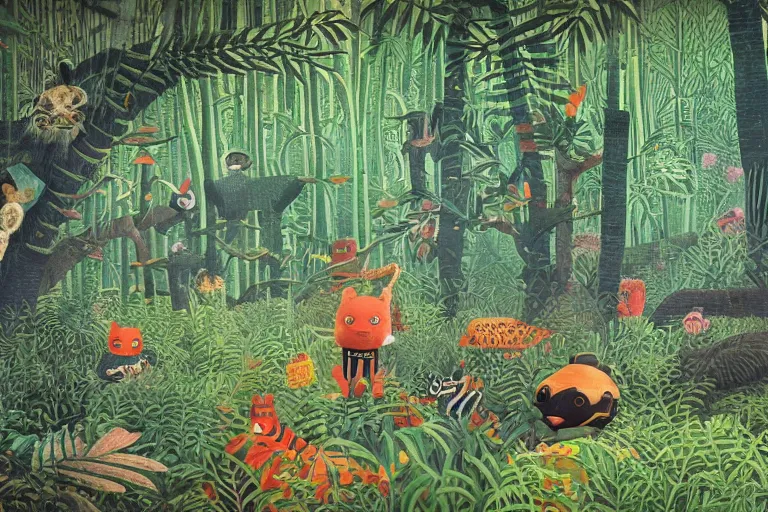 Prompt: night jungle, forest, stars, highly detailed, glitch on animals, unreal engine render concept art, style of henri rousseau and richard scarry and hiroshi yoshida