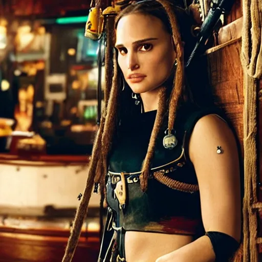 Image similar to a high quality portrait of natalie portman as a pirate in a cyberpunk cyberpunk cyberpunk cafe, realism, 8k, award winning photo