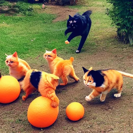 Prompt: a giant fat orange cat chasing and scaring a group of small dogs