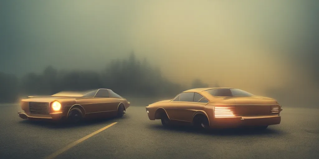 Image similar to parked retro futuristic vintage car, fog, rain, volumetric lighting, beautiful, golden hour, sharp focus, highly detailed, cgsociety