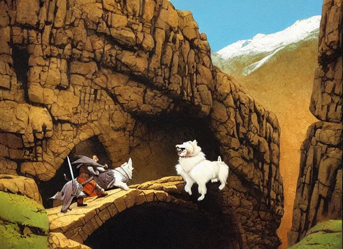 Image similar to Highly detailed oil painting of Gandalf fighting a corgi on a narrow rock bridge, underground, intricate artwork by Angus McBride, John Howe, Matthew Stewart, Ted Nasmith, heroic fantasy