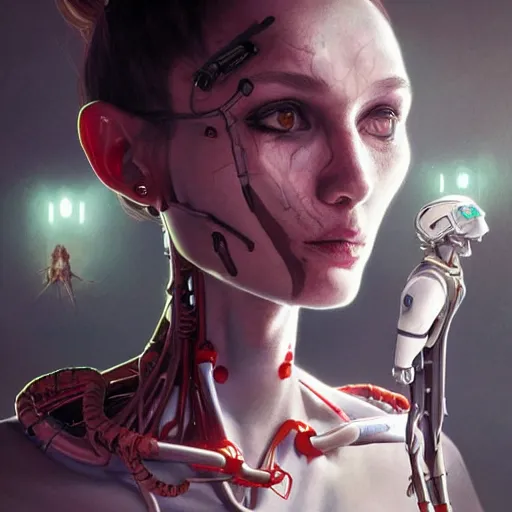 Image similar to An Alien Robot Naughty Nurse, facial tattoos, artists portrait, biomechanical, Emergency Room, fantasy, highly detailed, digital painting, concept art, sharp focus, depth of field blur, illustration, art by artgerm and greg rutkowski and alphonse mucha