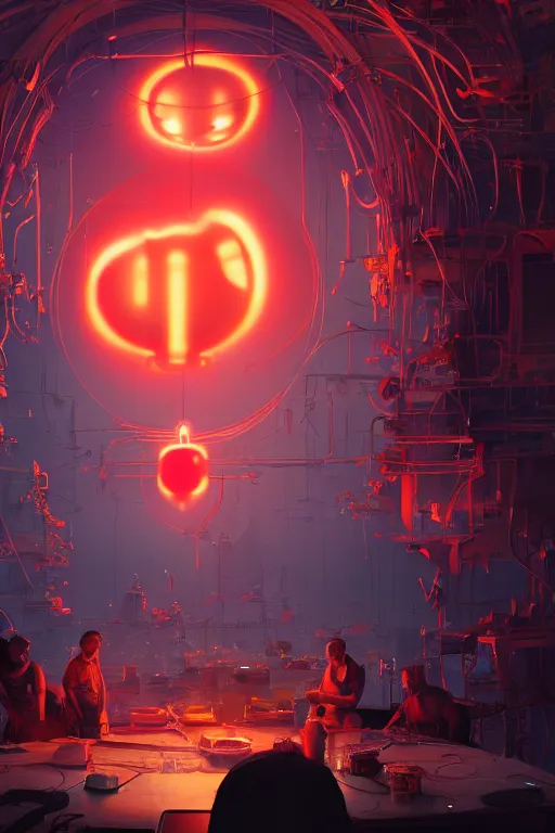 Image similar to bunch of mechanics working on big mickey mouse head, red glowing netflix logo behind, made by beeple, cgsociety, unreal engine, octane render, greg rutkowski, alphonse mucha, cinematic lighting, dark room, low light, sharp focus, 4 k highly detailed art