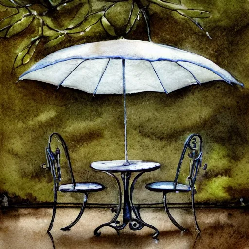 Prompt: delicate rain, toad, chairs, garden, paved, botanic watercolors, iridescent, 8 k, realistic shaded, fine details, artstation, italian, iron gate, tree, mediterranean