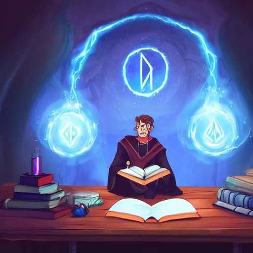 Image similar to A mage reading a spell book at a desk, as he reads the words runes float in the air. Magic, blue lighting, flux. High fantasy, digital painting, HD, 4k, detailed.