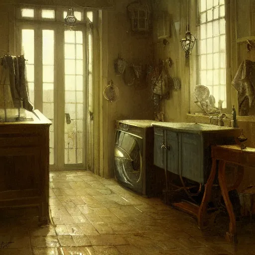 Image similar to detailed painting of a laundry room, filigree ornaments, fog, andreas achenbach,