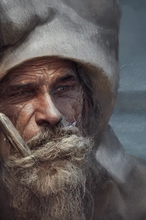 Image similar to medieval fisherman, close-up portrait, poor, intricate, elegant, volumetric lighting, scenery, digital painting, highly detailed, artstation, sharp focus, illustration, concept art,ruan jia, steve mccurry