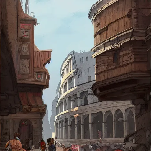 Image similar to walking down busy stone streets in d & d city with mostly small buildings surrounding a distant colosseum, artstation