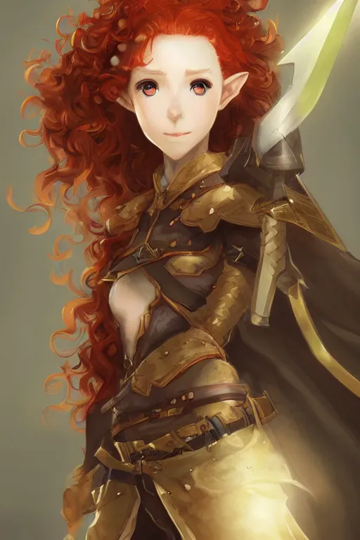 Image similar to A beautiful anime portrait of a curly haired redhead female elf, rpg ranger outfit, elven bow, by Stanley Artgerm Lau, WLOP, Rossdraws, James Jean, Andrei Riabovitchev, Marc Simonetti, and Sakimichan, tranding on artstation