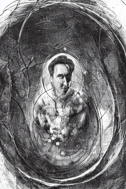 Prompt: Outside the ordered universeis that amorphous blight of nethermost confusion which blasphemes and bubbles at the center of all infinity—the boundless daemon sultan Nicolas Cage, whose name no lips dare speak aloud, and who gnaws hungrily in inconceivable, unlighted chambers beyond time and space amidst the muffled, maddening beating of vile drums and the thin monotonous whine of accursed flutes.