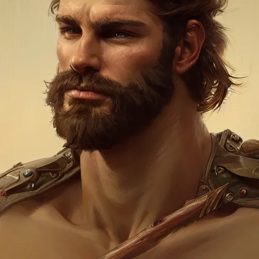 Image similar to portrait of a rugged ranger, muscular, upper body, hairy chest, D&D, fantasy, intricate, elegant, highly detailed, digital painting, artstation, concept art, matte, sharp focus, illustration, art by Artgerm and Greg Rutkowski and Alphonse Mucha