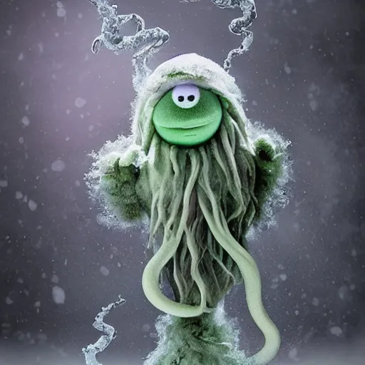 Image similar to a cute but unnerving fluffy humanoid ethereal ghost like live action muppet wraith like alien figure with a squid shaped parasite overtaking its head with four long tentacles for arms that flow gracefully at its sides while it floats around the frozen woods searching for lost souls and that hides amongst the shadows in the trees, this character can control the ice and snow and has mastery of the shadows, it is a real muppet by sesame street, photo realistic, real, realistic, felt, stopmotion, photography, sesame street