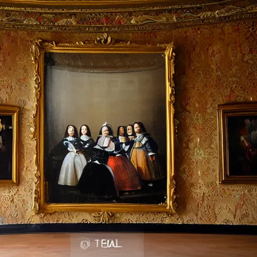 Image similar to oil canva family portrait in the main room of the castle painted in 1 6 5 6, dark room, one point of light coming through the window inspired by las meninas, spaces between subjects and good detail and realistic face form for each person in the canva, inspired by diego velasquez better quiality