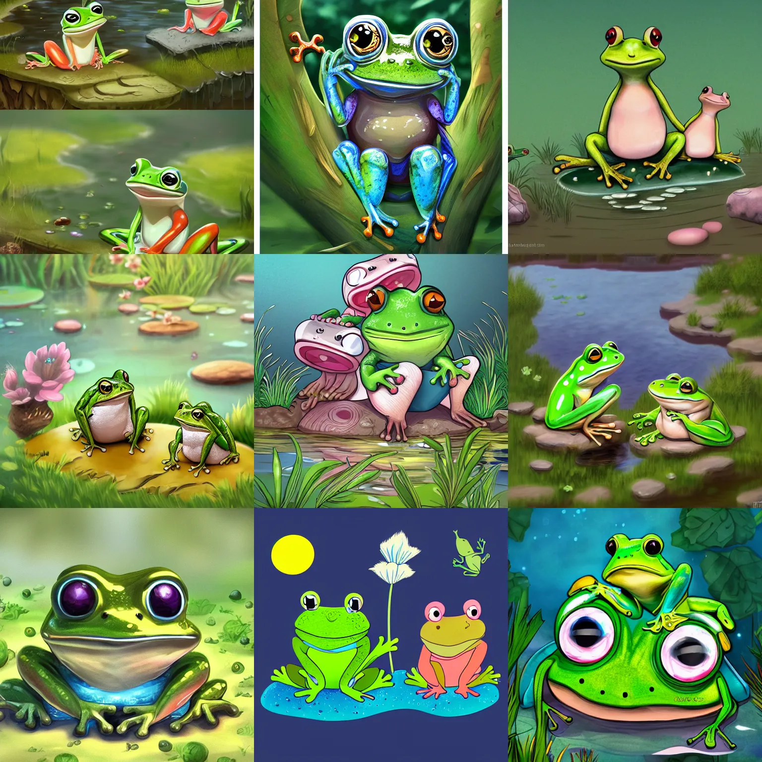 Prompt: adorable frog friends, sitting next to a pond, digital art, cute, trending on artstation, highly detailed, illustration 4 k