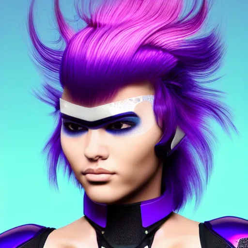 Image similar to a award winning action upper body portrait of a beautiful woman with a ombre purple pink hairstyle with head in motion and hair flying while wearing futuristic navy blue bodyarmor and pauldrons, outrun, vaporware, highly detailed, fine detail, intricate