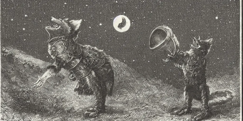 Prompt: anthropomorphic furry wolf in armor looking at the stars, 1900s picture