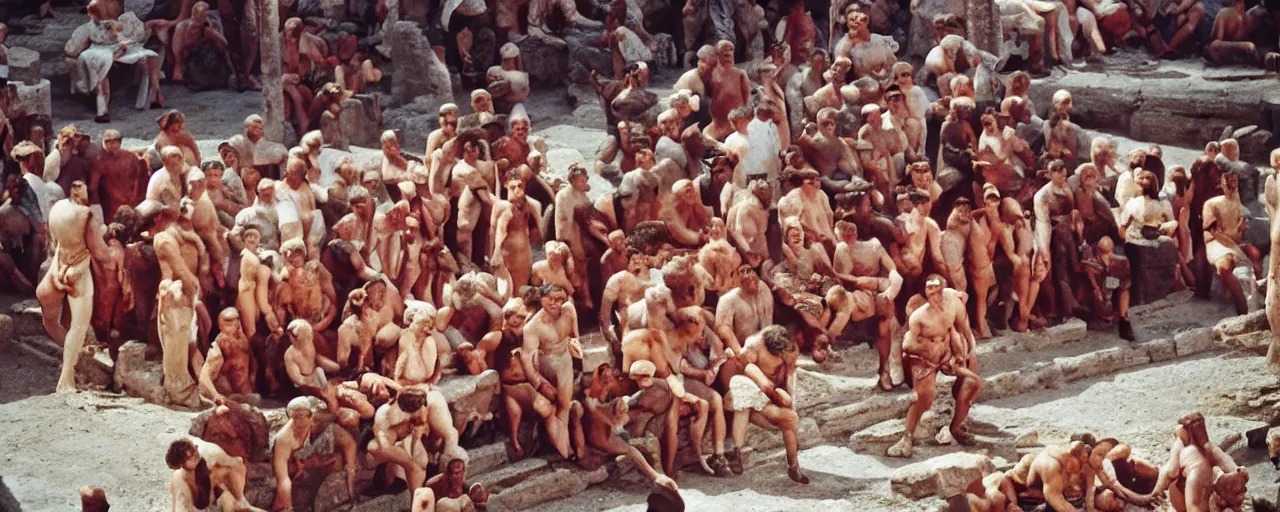 Image similar to ancient romans watching gladiators, big bowl of spaghetti!!!! coliseum architectural, minimal, canon 5 0 mm, wes anderson film, kodachrome, retro