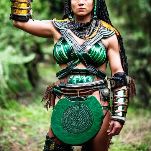Image similar to long shot photo of a female amazon warrior with malachite armour, 4k