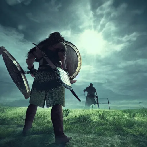 Image similar to Viking warrior versus hackers, detailed, dramatic lighting.