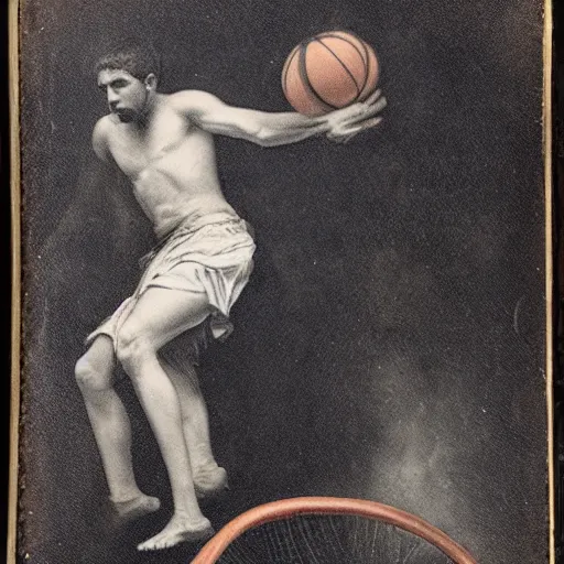 Image similar to Daguerreotype of a Byzantine warrior dunking a basketball into a hoop