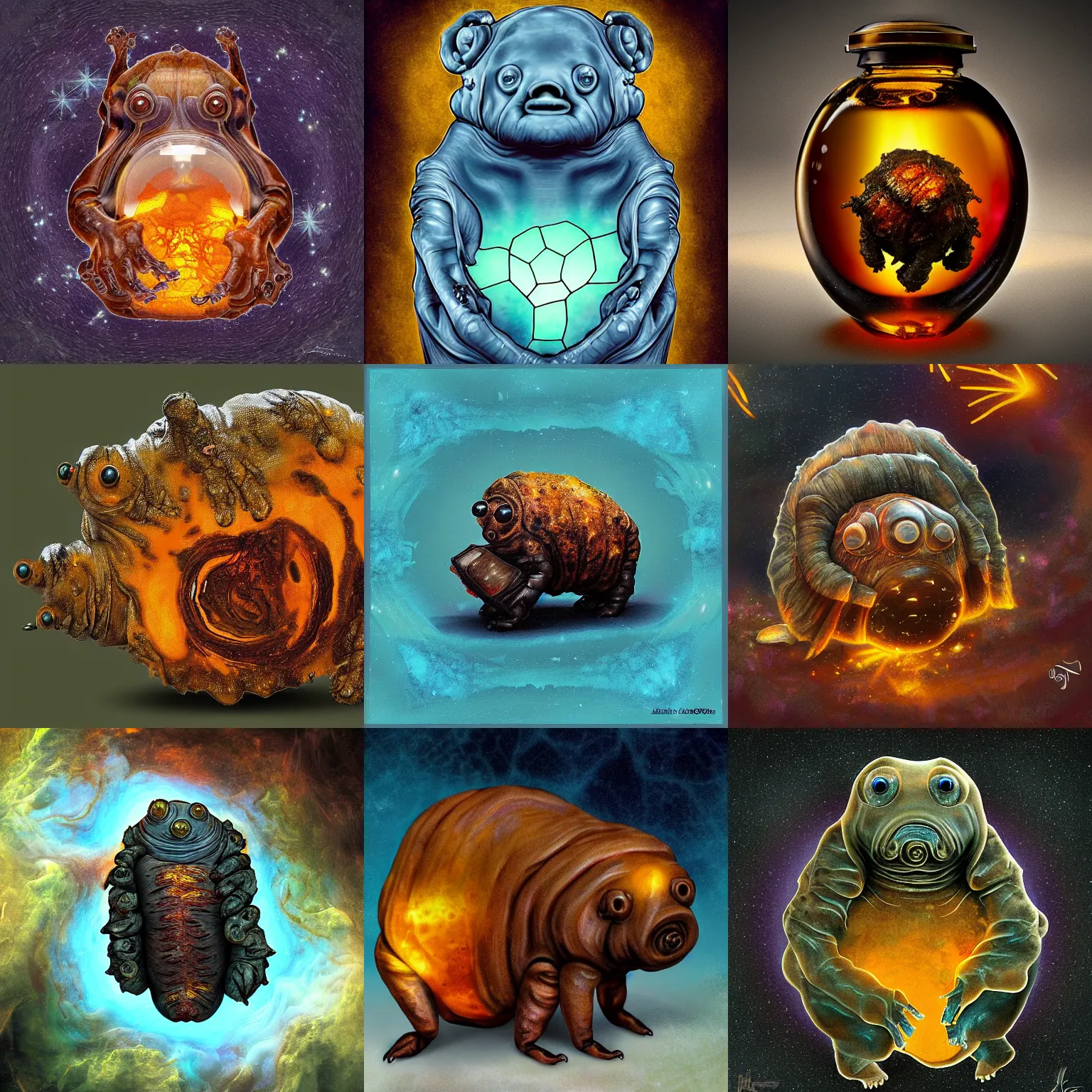 Prompt: A tardigrade preserved in amber resin, dark fantasy, digital art.