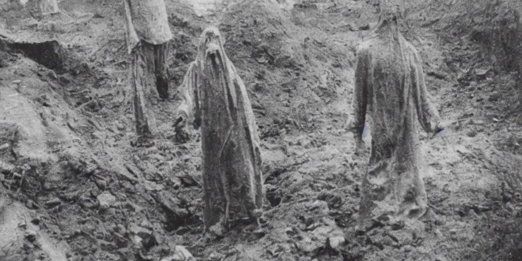 Prompt: scary unproportionable tall ghost creature in the middle of a trench, ghost, 1900s picture