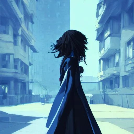 Image similar to low - angle shot from behind of a long blue - haired girl in a tailcoat overlooking noxus, noir, screenshot, sharp focus, intricate, illustration, cell shaded, digital painting, highly detailed, art by ilya kuvshinov, wlop, greg rutkowski, studio quality, james jean