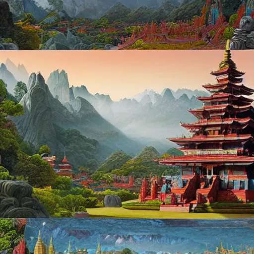 Image similar to a beautiful and highly detailed matte painting of a colorful yet humble buddhist temple and fort built of large stones in the distance high in the most epic mountains ever, intricate details, epic scale, insanely complex, 8 k, sharp focus, hyperrealism, very realistic, by caspar friedrich, greg rutowski, james gurney, hudson river school