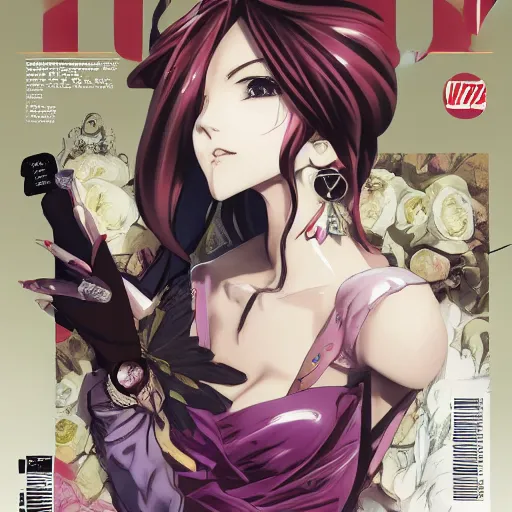 Image similar to Magazine Cover Anime key visual of a Gucci girl; official media; typography; drawn by Hirohiko Araki; Jojo's Bizarre Adventure; Jojolion, portrait, made by Stanley Artgerm Lau, WLOP, Rossdraws, James Jean, Andrei Riabovitchev, Marc Simonetti, Yoshitaka Amano, ArtStation