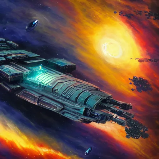 Image similar to cosmic futuristic ship , Warhammer 40k, abstract, painting 4k deep color void