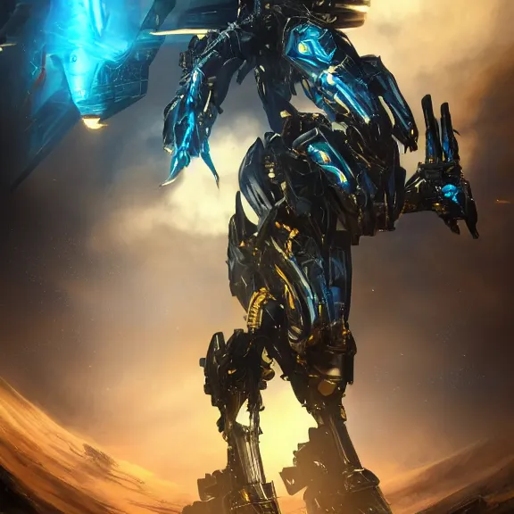 Image similar to cinematic shot, 35 foot tall detailed beautiful handsome quadrupedal robot mecha dragon, sharp edged black armor, gold accents, sleek blue visor for eyes, four legs, walking in busy neon city streets, sharp claws, epic shot, highly detailed art, sci fi, furry, 3D realistic, warframe fanart, destiny fanart, furry art, dragon art, feral art, macro art, furaffinity, DeviantArt, sofurry