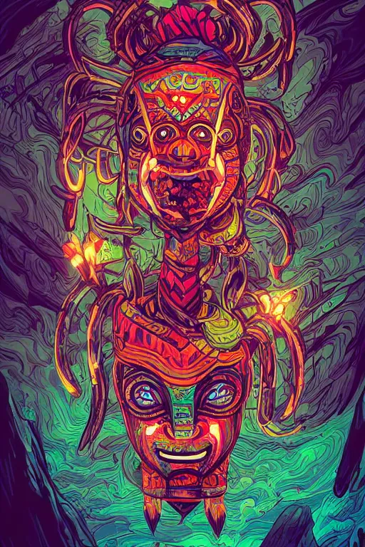 Image similar to totem animal tribal chaman vodoo mask feather gemstone plant wood rock video game illustration vivid color borderlands by josan gonzales and dan mumford radiating a glowing aura