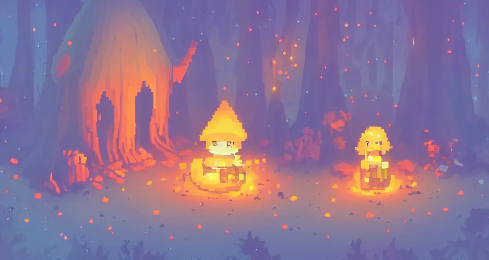 Prompt: Pixelart of a small cute witch sitting at a cozy bonfire in the forest meadow under starry sky, volumetric lighting, glowing lights, 4k, octane, digital pixel art, pixiv, by Aenami