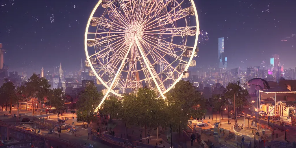 Prompt: a giant ferris wheel at night, hyperrealistic, concept art, octane render, unreal engine 5, trending on artstation, high quality, highly detailed, 8 k hdr, soft lighting, path traced, starry background, bloom, high coherence, symmetrical, high contrast, digital art, serene landscape, cinematic