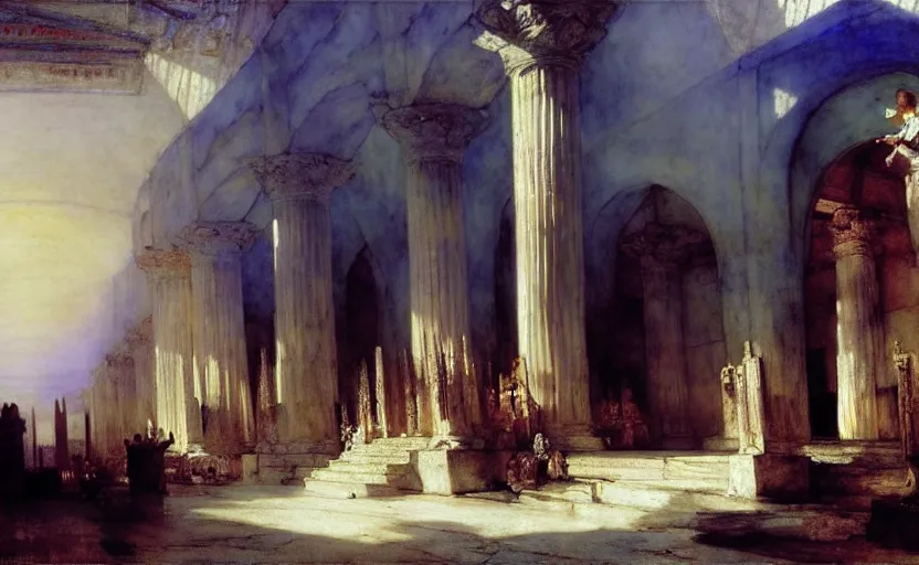 Prompt: the temple of the white assassins, blue light, blue tones. by henriette ronner - knip, by william henry hunt, by rembrandt, by joseph mallord william turner, by konstantin razumov, concept art,