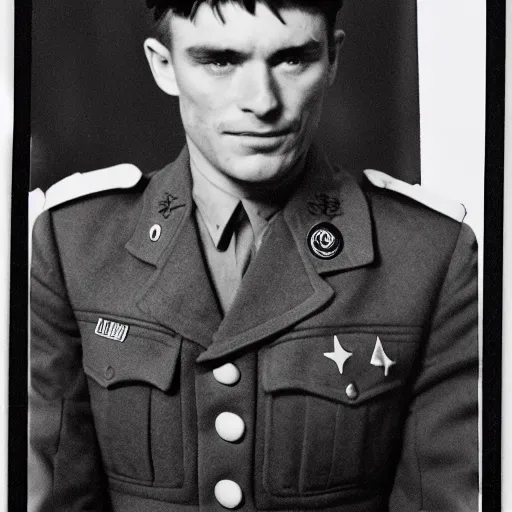 Prompt: cillian murpht in a world war ii uniform, black and white film photography, cabinet card, 2 5 mm lens, cinematography by roger deakins