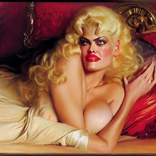 Image similar to anna nicole smith in her bed, nervous and terrified, because rip taylor is throwing confetti from a bucket at her. highly detailed painting by gaston bussiere, j. c. leyendecker, greg rutkowski, craig mullins 8 k